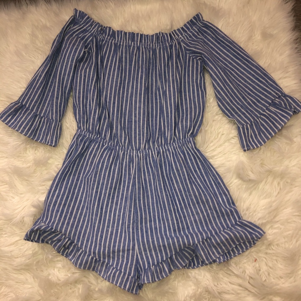 blue and white striped off the shoulder romper!!